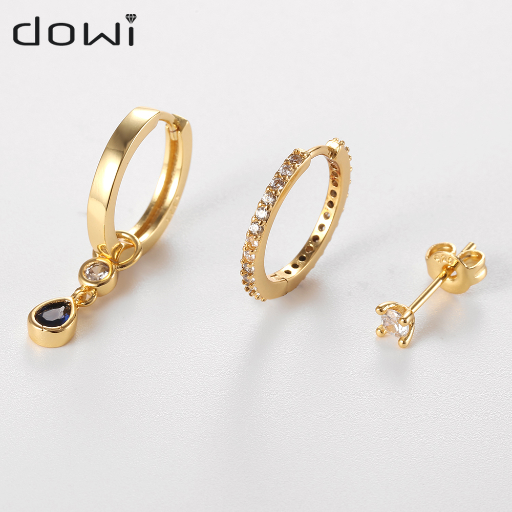 Dowi 3 개/대 불규칙한 크리스탈 블랙 AAA 큐빅 지르코니아 골드 도금 후프 스터드 귀걸이 여성 패션 쥬얼리 도매